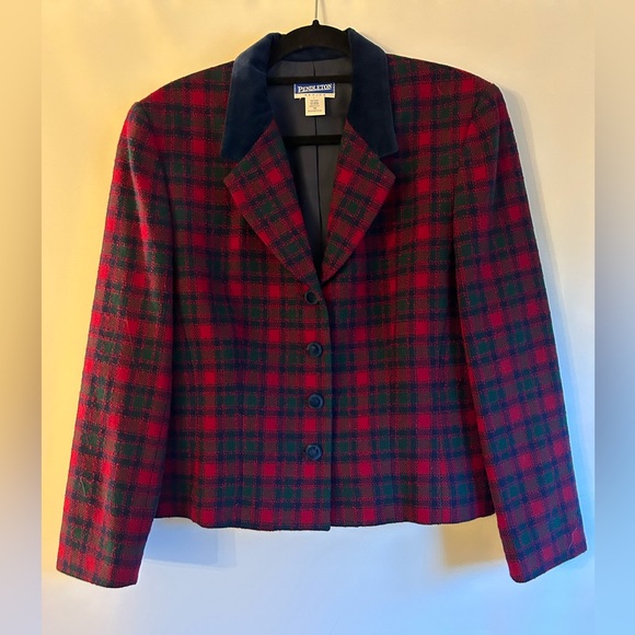 PENDLETON VINTAGE WOOL PLAID BLAZER RED/NAVY/GREEN VELVET COLLAR & BUTTONS 14 - Picture 2 of 7